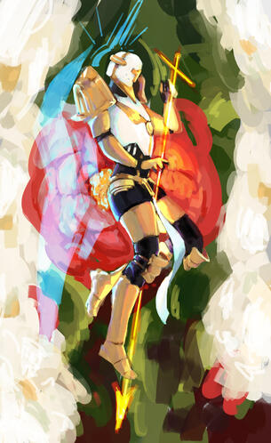 a drawing of Gabriel from ULTRAKILL. he is seen from profile, wearing his usual armor, and his holding one of his usual spears. the background is made of roughly painted white and red camellias