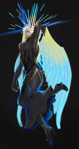A drawing of Gabriel from ULTRAKILL wearing a black dress with wide holes in the hips areas, adorned with golden chains. he is blushing, and his wings are yellow-blue, similar to his "ecstatic" state. his halo is shining in the background.