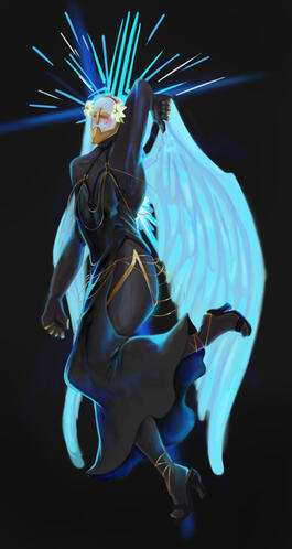 A drawing of Gabriel from ULTRAKILL wearing a black dress with wide holes in the hips areas, adorned with golden chains. he is blushing, and his wings are blue, which is his neutral state. his halo is shining in the background.