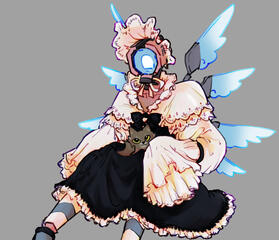 A digital drawing of the character V2 from Ultrakill, holding a cat called Kitr on her lap. she is wearing a maidlike costume made of a bonnet, a black dress, a shirt with oversized ruffled sleeves hiding her hands and a short lacey capelet. she is also we