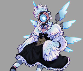 A digital drawing of the character V2 from Ultrakill, holding a cat called Kitr on her lap. she is wearing a maidlike costume made of a bonnet, a black dress, a shirt with oversized ruffled sleeves hiding her hands and a short lacey capelet. she is also we