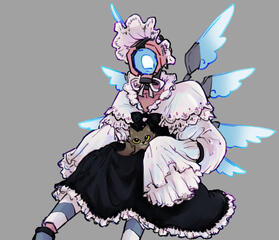 A digital drawing of the character V2 from Ultrakill, holding a cat called Kitr on her lap. she is wearing a maidlike costume made of a bonnet, a black dress, a shirt with oversized ruffled sleeves hiding her hands and a short lacey capelet. she is also we